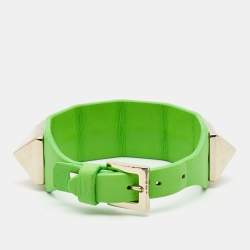 Pre Owned Valentino Rockstud Neon Green Gold Tone Wrap Bracelet