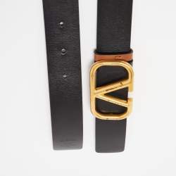 Pre Owned Valentino Black/Brown Leather V Logo Belt Size 75CM