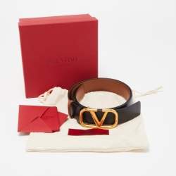 Pre Owned Valentino Black/Brown Leather V Logo Belt Size 75CM