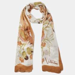 Pre Owned Valentino Beige Floral Printed Silk Scarf