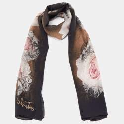 Pre Owned Valentino Black Rose Printed Silk Scarf