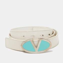 Pre Owned Valentino White Leather VLogo Plate Buckle Belt 90CM