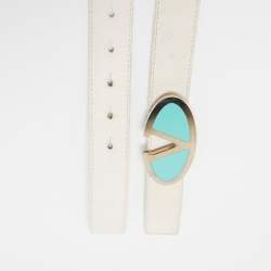 Pre Owned Valentino White Leather VLogo Plate Buckle Belt 90CM