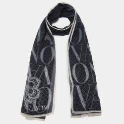 Pre Owned Valentino Black Logo & Floral Printed Silk Scarf