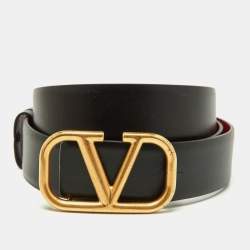 Pre Owned Valentino Black/Red Leather VLogo Reversible Belt 80CM
