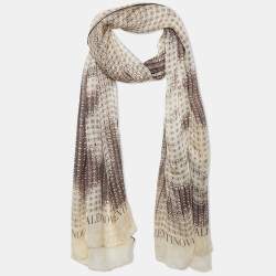 Pre Owned Valentino Cream Logo Printed Silk Scarf