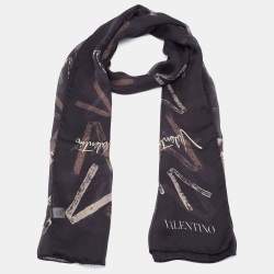 Pre Owned Valentino Black Akk-Over Logo Print Silk Chiffon Scarf