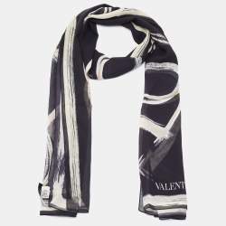 Pre Owned Valentino Black VLogo Print Silk Chiffon Scarf