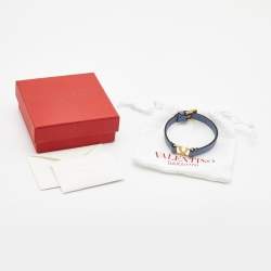 Pre Owned Valentino Blue Leather VLogo Gold Tone Bracelet