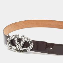 Pre Owned Valentino Plum Patent Leather VLogo Crystals Buckle Belt 95CM