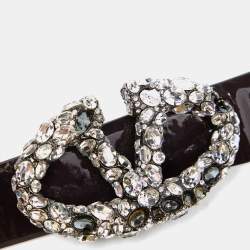 Pre Owned Valentino Plum Patent Leather VLogo Crystals Buckle Belt 95CM