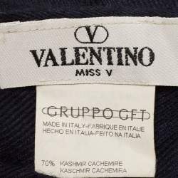 Pre Owned Valentino Miss V Vintage Navy Blue Cashmere and Silk Scarf