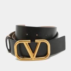 Pre Owned Valentino Black/Dusty Pink Leather VLogo Reversible Belt 85 CM