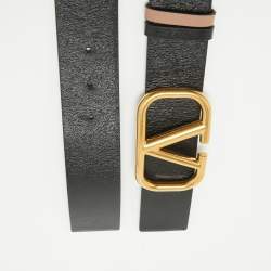 Pre Owned Valentino Black/Dusty Pink Leather VLogo Reversible Belt 85 CM