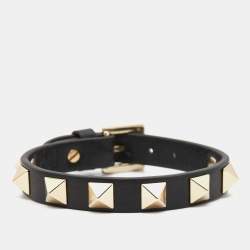 Pre Owned Valentino Rockstud Black Leather Gold Tone Bracelet