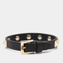 Pre Owned Valentino Rockstud Black Leather Gold Tone Bracelet