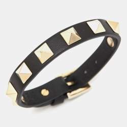 Pre Owned Valentino Rockstud Black Leather Gold Tone Bracelet