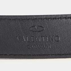 Pre Owned Valentino Gold/Black Leather Crystal Embellished V Logo Belt 90CM