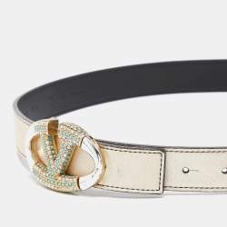 Pre Owned Valentino Gold/Black Leather Crystal Embellished V Logo Belt 90CM