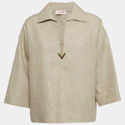 Pre Owned Valentino Beige Linen Canvas Embellished Blouse S