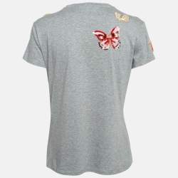 Pre Owned Valentino Grey Sequin Butterfly Applique Cotton T-Shirt S