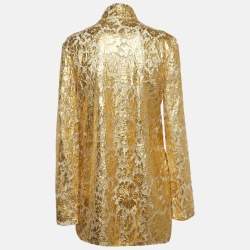 Pre Owned Valentino Gold Floral Lace Neck-Tie Detail Top M