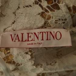 Pre Owned Valentino Gold Floral Lace Neck-Tie Detail Top M