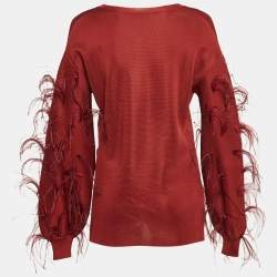 Valentino Red Ostrich Feather Trim Knit V-Neck Sweatshirt S