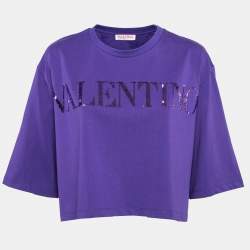 Pre Owned Valentino Purple Sequin Embroidered Jersey Oversized Crop T-Shirt M