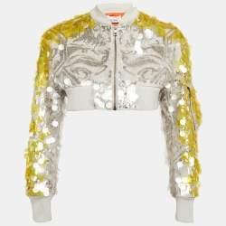 Valentino Yellow/Grey Sequin Embellished Cotton Crop Jacket S
