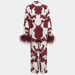 Pre Owned Valentino Burgundy Printed Silk and Ostrich Feather Pyjama Shirt and Pants Set L