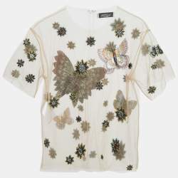 Pre Owned Valentino Beige Butterfly Embroidered Mesh Sheer Top S