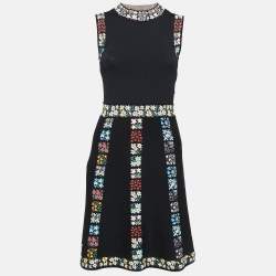 Pre Owned Valentino Black Floral Patterned Knit Flared Midi Dress M