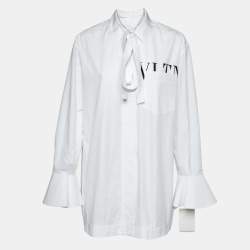 Pre Owned Valentino White Logo Print Poplin Tie-Up Neck Detail Oversize Shirt L