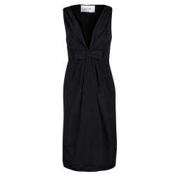 Pre Owned Valentino Black Plunged Neck Bow Detail Sleeveless Dress M