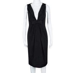 Pre Owned Valentino Black Plunged Neck Bow Detail Sleeveless Dress M