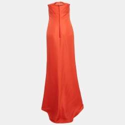 Pre Owned Valentino Coral Orange Silk Strapless Maxi Dress M