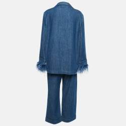 Pre Owned Valentino Blue Feather Trim Denim Shirt and Trouser Set M