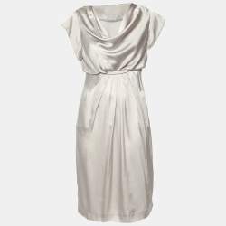 Pre Owned Valentino Grey Satin Silk Pleated Long Dress M