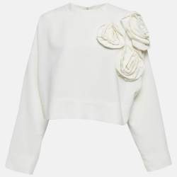 Pre Owned Valentino White Floral Applique Crepe Loose Fit Top M