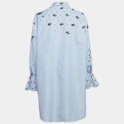 Valentino Blue Stripe Poplin Embellished Bell Sleeve Tunic Shirt M