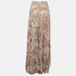 Pre Owned Valentino Beige Butterfly Print Silk Pleated Maxi Skirt M