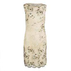 Pre Owned Valentino Beige Embellished Floral Lace Overlay Ruched Sleeveless Dress M
