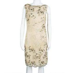 Pre Owned Valentino Beige Embellished Floral Lace Overlay Ruched Sleeveless Dress M