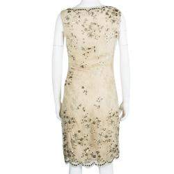 Pre Owned Valentino Beige Embellished Floral Lace Overlay Ruched Sleeveless Dress M