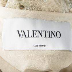 Pre Owned Valentino Beige Embellished Floral Lace Overlay Ruched Sleeveless Dress M