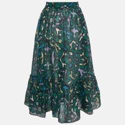 Valentino Green Graffiti Print Cotton Flounce Midi Skirt M
