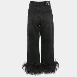 Pre Owned Valentino Black Denim Detachable Ostrich Feather Cuff Cropped Jeans M