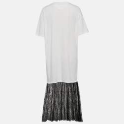 Valentino White Logo Print Cotton Knit and Lace Flared Midi Dress M