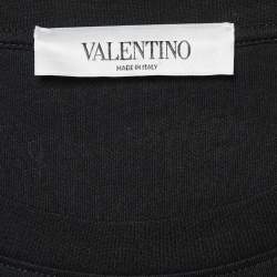 Pre Owned Valentino Black V Logo Embellished Cotton Ruched Waist T-Shirt M